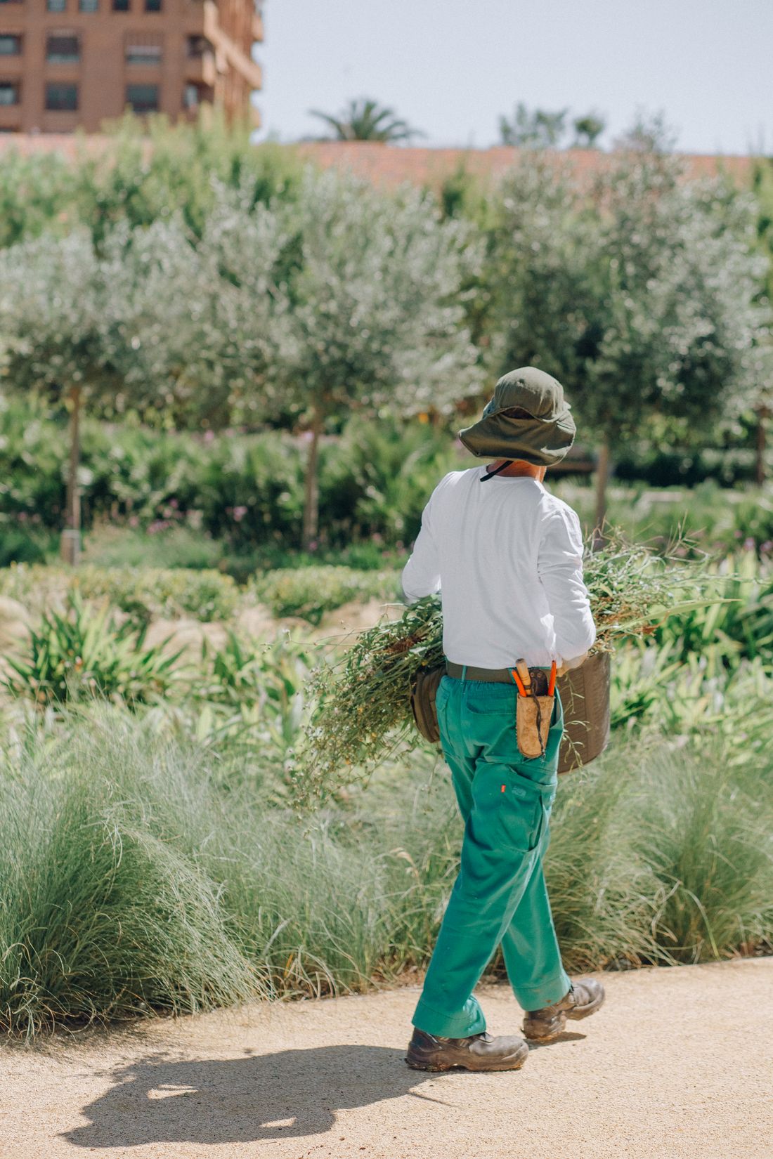 Working gardener carrying garden cuttings